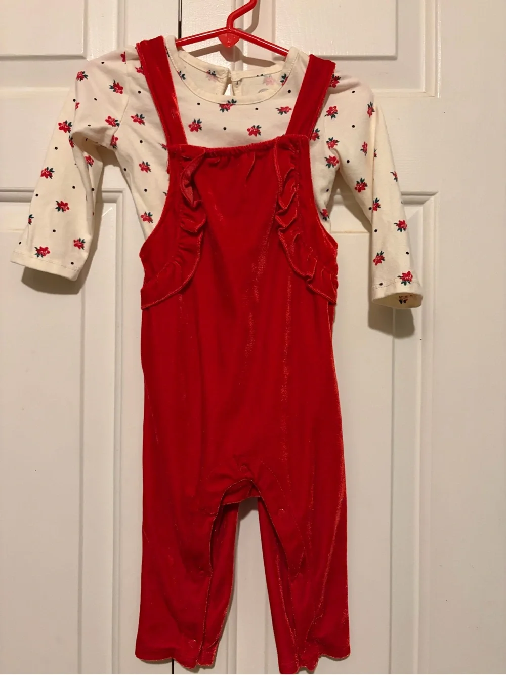 wonder nation Red Velvet Ruffle Overalls with Cream Floral Tee